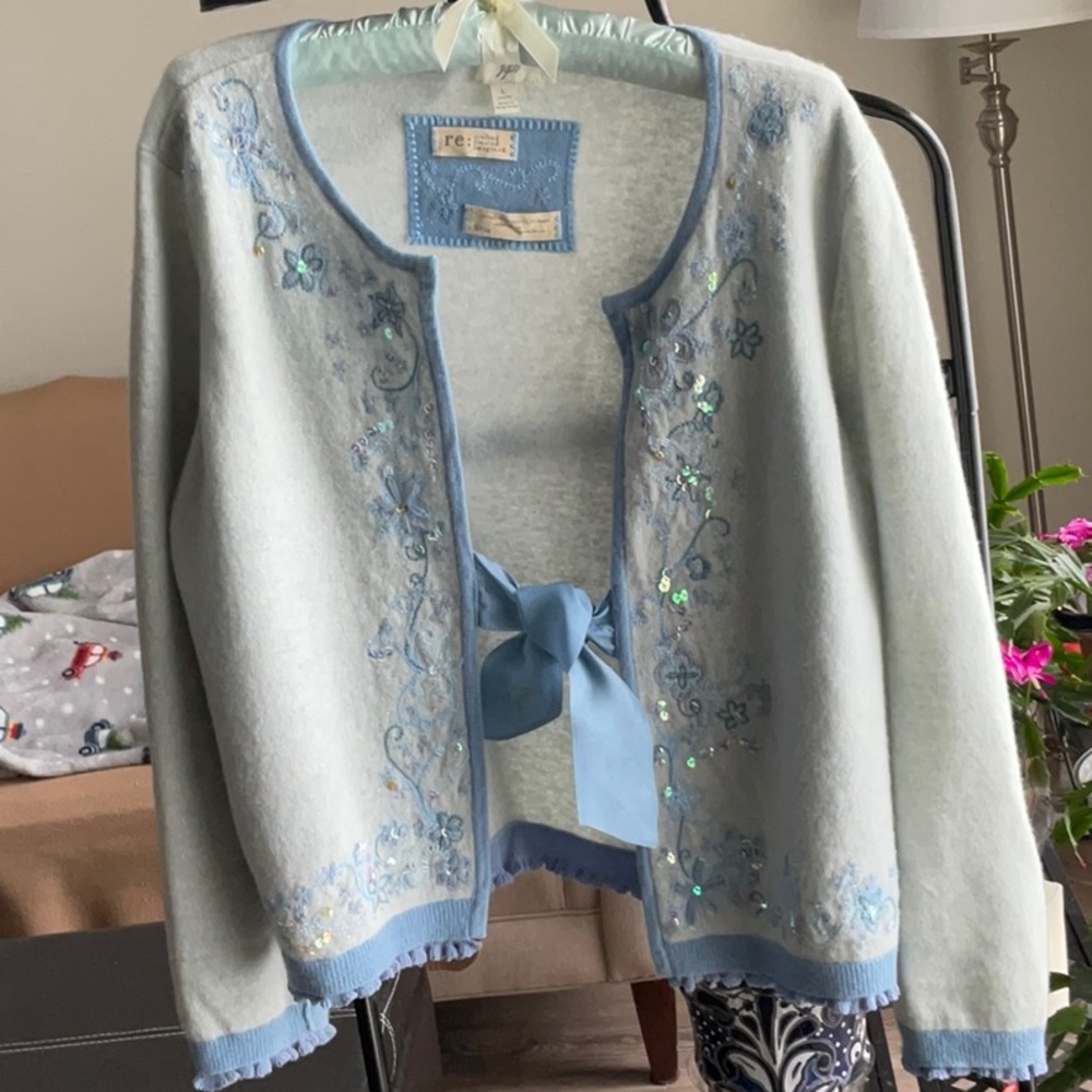 Vintage JJill petite powder blue sweater. Sequins on front with blue ribbon tie.